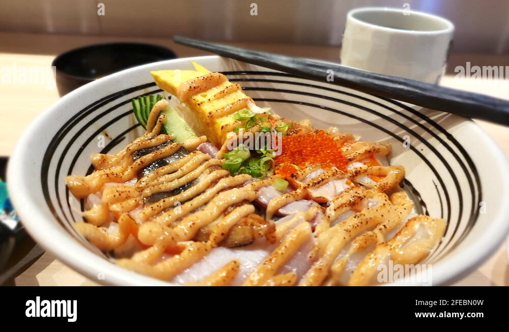 Japanese aburi mentai kaisen don. Pollock Roe with mayonnaise and Stock ...