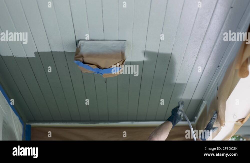 Spray Painting House Ceiling With White Paint, Ceiling Light Covered