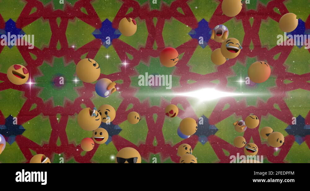 Multiple face emojis moving against kaleidoscope shapes changing in