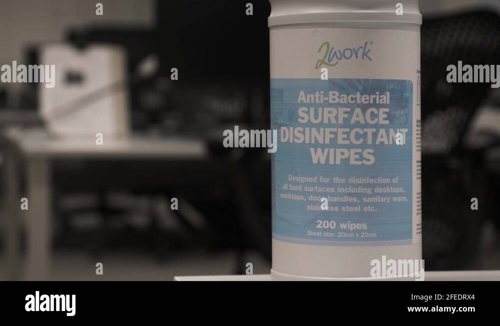 Large Anti Bacterial Disinfectant Wipe Container On Desk In Office