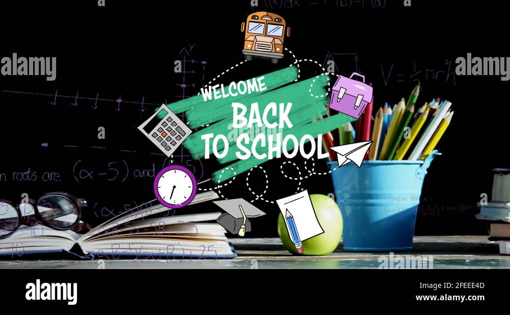 Welcome back to school text against apple stack of books and pencil