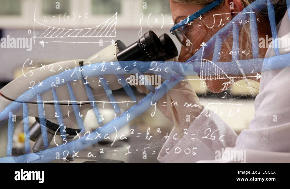 Mathematical equations and DNA structure against female scientist using ...