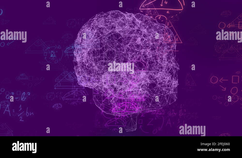 Mathematical equations against 3D spinning human brain on purple ...