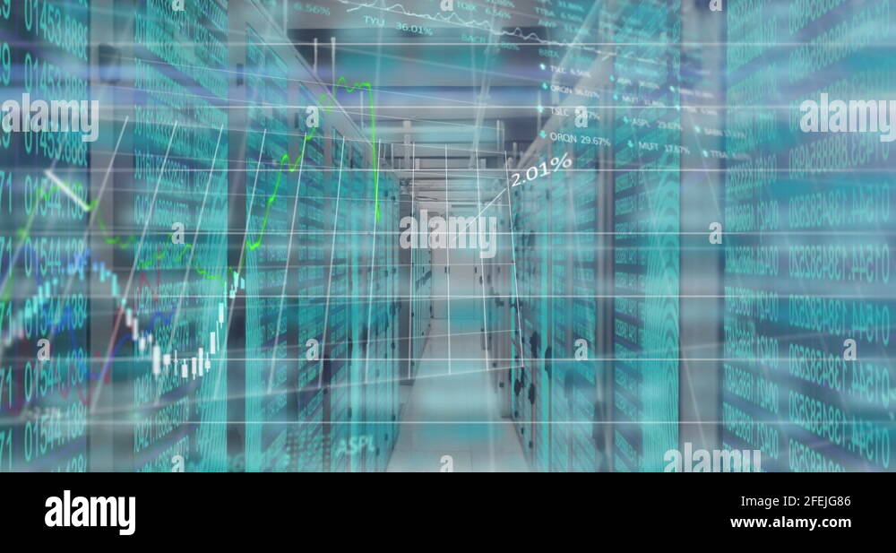 Data processing, graphs appearing on grid over empty room with screens ...