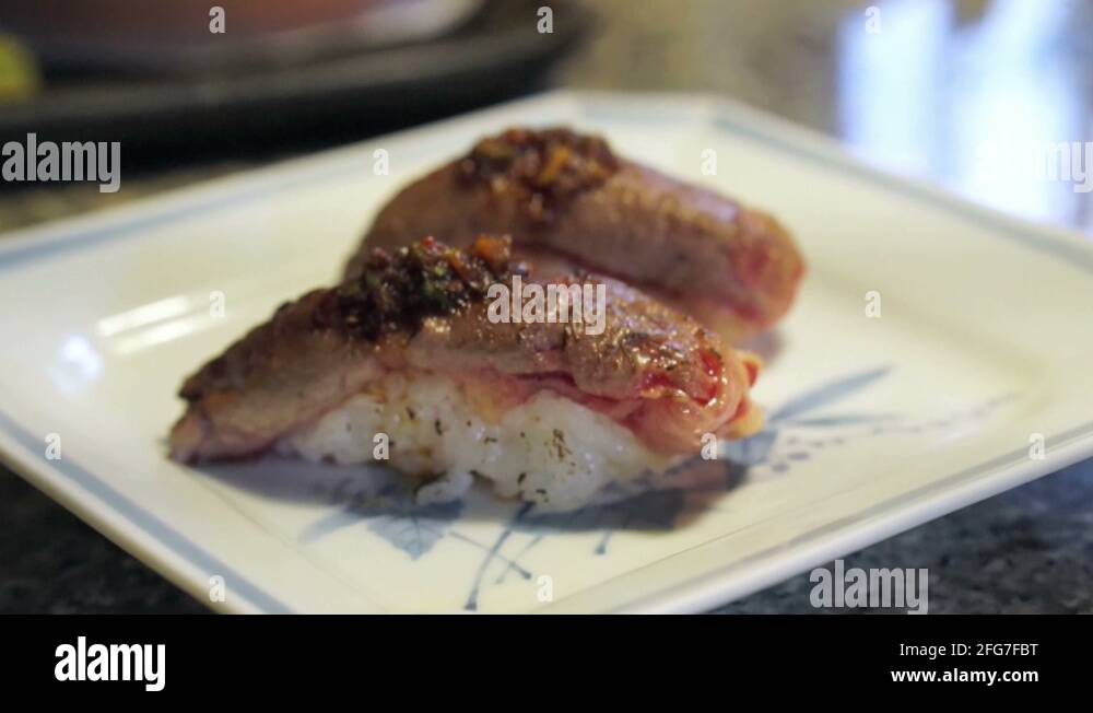 Wagyu beef slice seared, aburi guy sushi nigiri. Japanese food Stock