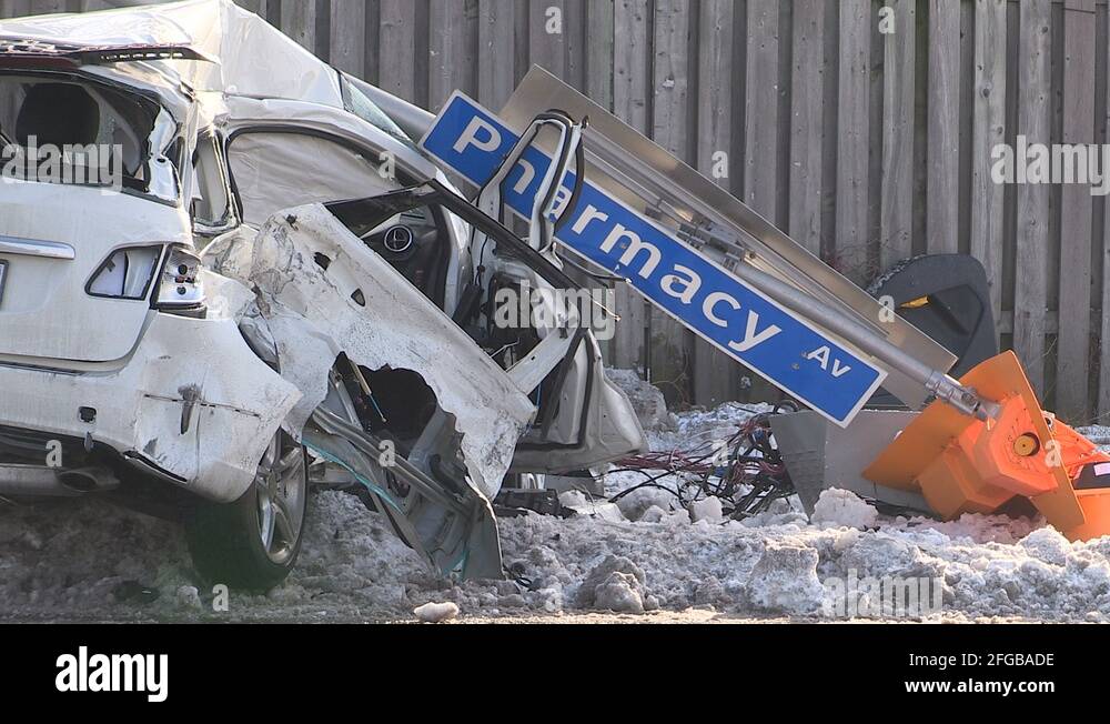 Car crash and accident scene with critical injuries in Toronto city