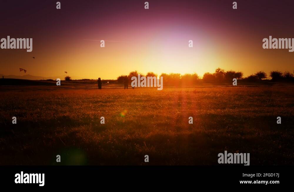 4K Family Silhouette Sunset, Kite Flying, Father Son Mother