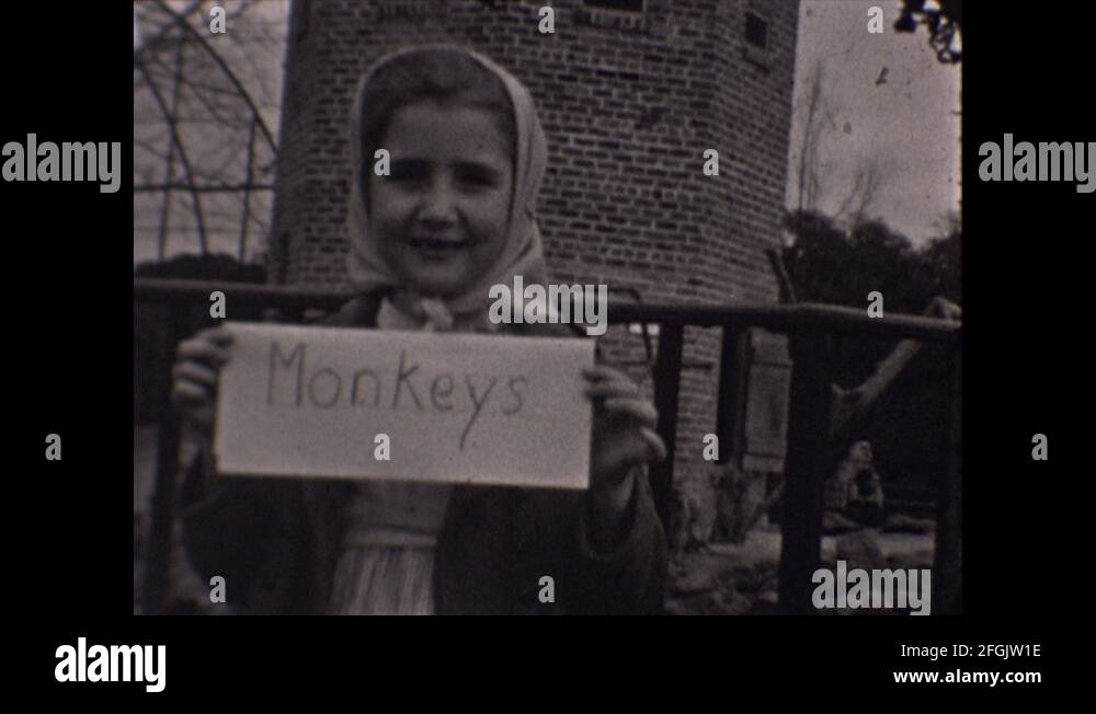 Monkees and Woman at zoo 1930's holds sign that says MONKEYS Stock