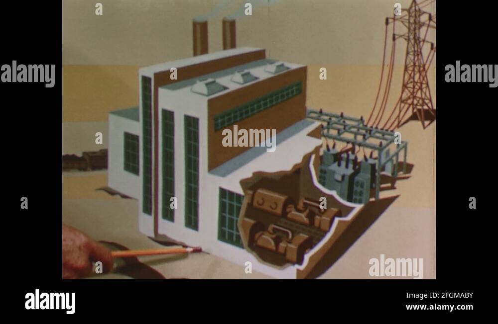 1950s Diagram of an Electrical Energy Production Facility Stock Video