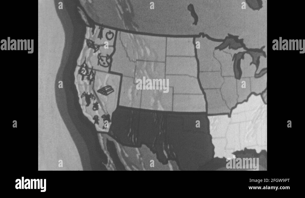 1950s: UNITED STATES: map shows production of regions in America Stock ...