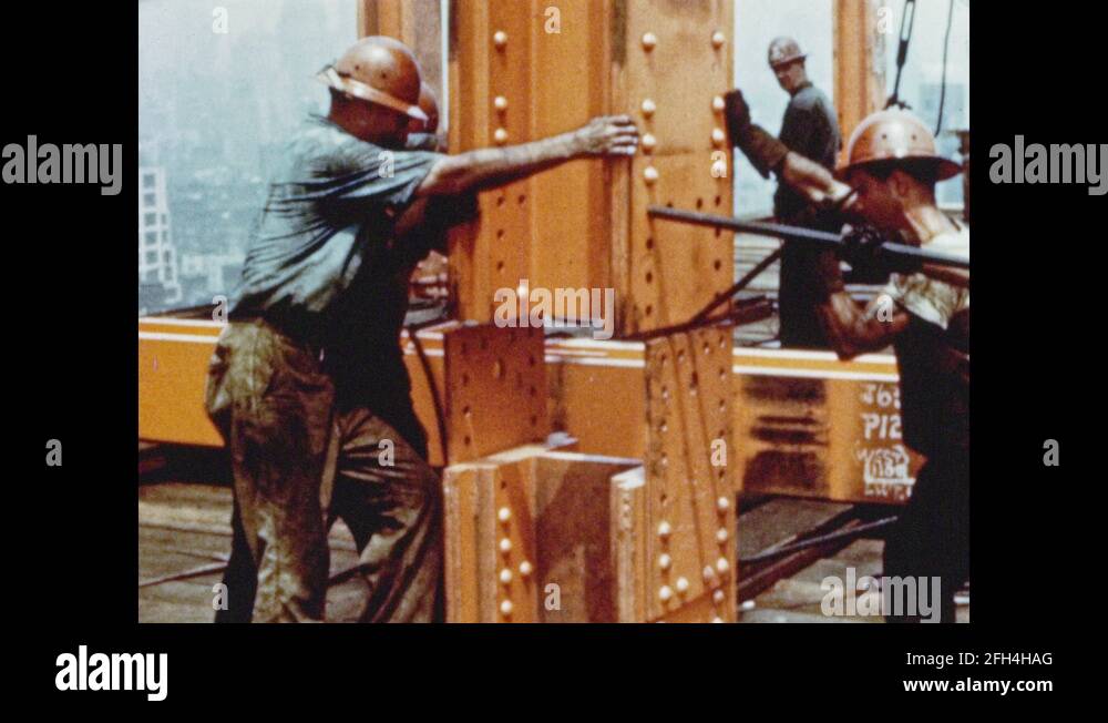 1950s Construction Workers Guide Steel Column Piece Workers Insert
