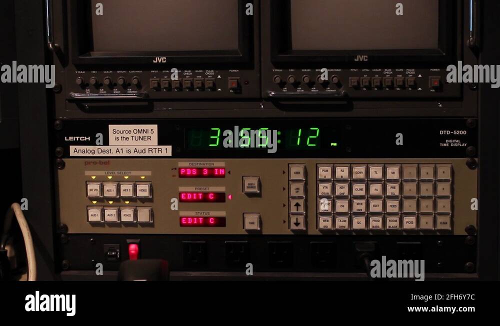 A digital time display clock on a piece of equipment at a television