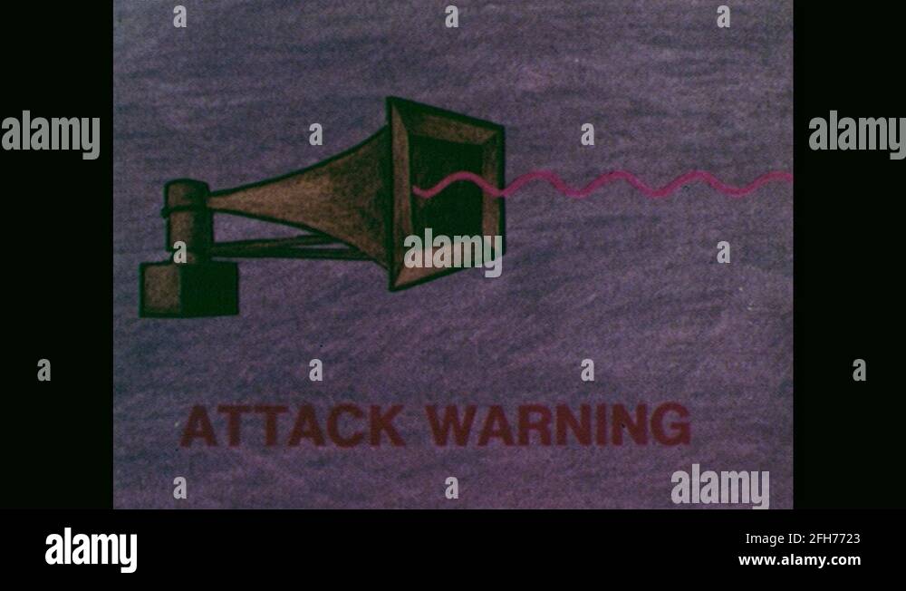 1970s Drawing of a loudspeaker with text "Attack Warning", sound wave