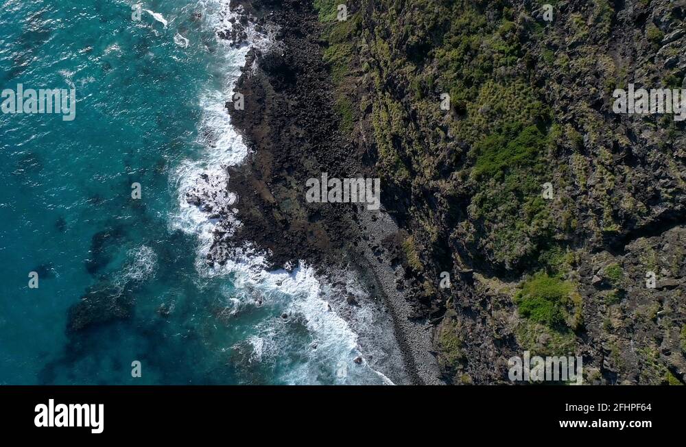 4K view directly above rocks, surf and cliff face on Lord Howe Island, Australia Stock Video
