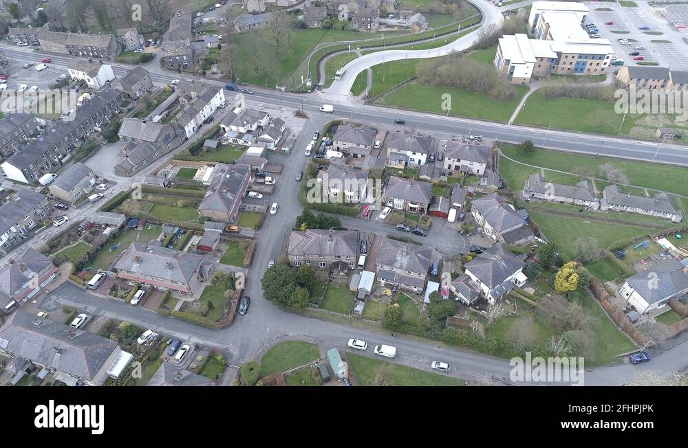 An aerial view of houses in a town in Yorkshire. Drone at Steeton Stock