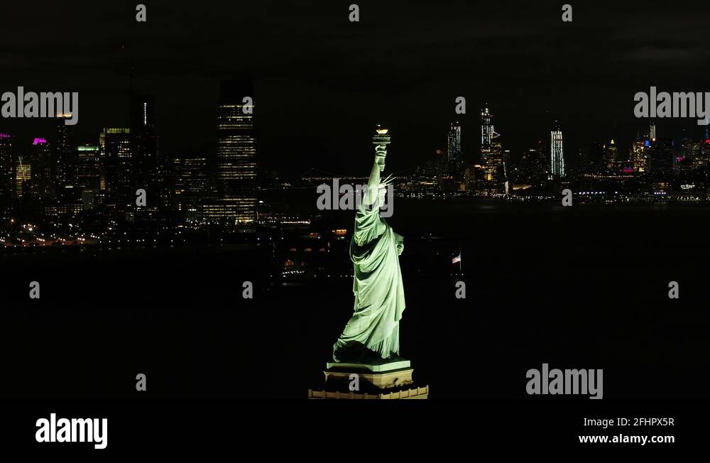 Statue of Liberty epic drone footage night city view Stock Video ...