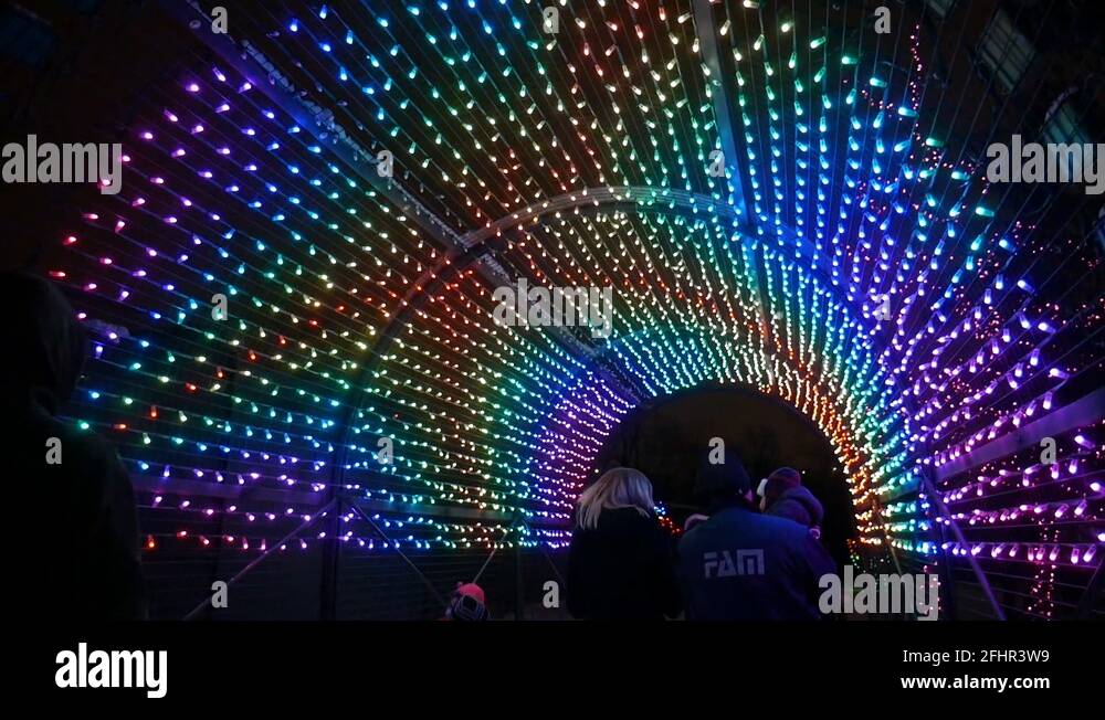 Man and woman walk through colourful light tunnel at Christmas ZOO