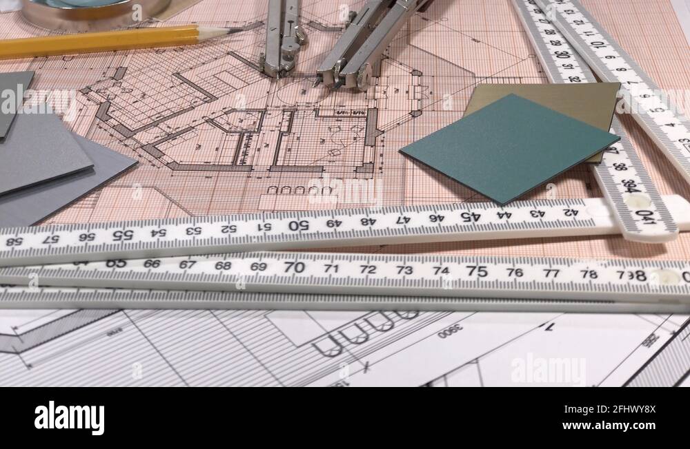 Blueprints architectural drawings, yardstick folding ruler and