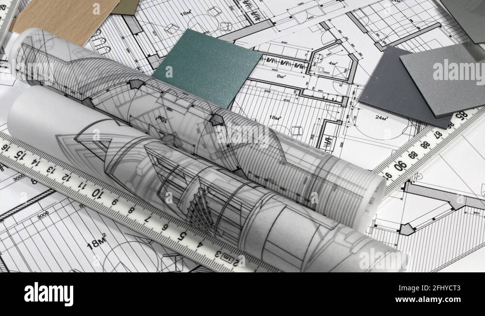 Blueprints architectural drawings, yardstick folding ruler & samples
