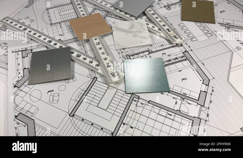 Blueprints architectural drawings, yardstick folding ruler & samples