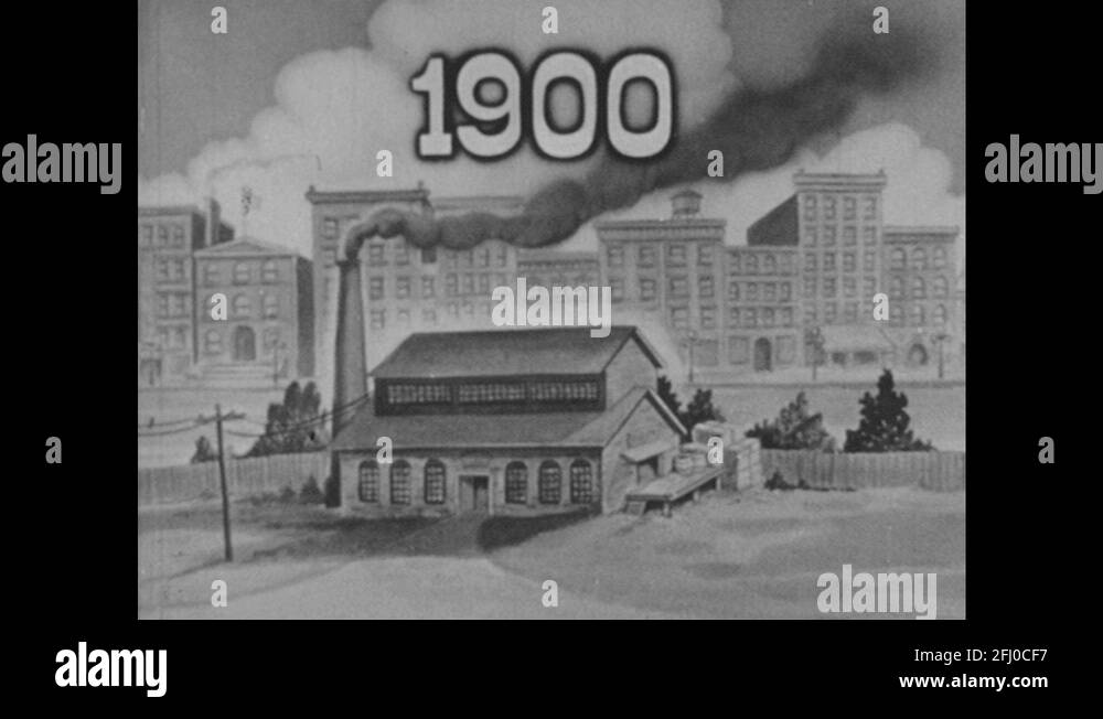 1940s: Illustrated town and factory in 1900. Town transforms into icons ...