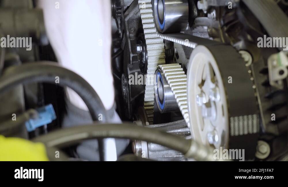 Car mechanic working on the engine of the car, changing timing belt and