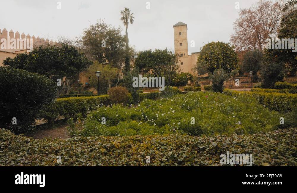 Andalusian Gardens in Rabat. old tower, Morocco. 4K Stock Video Footage ...