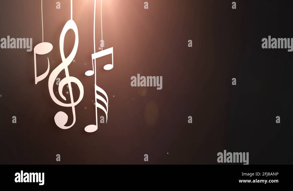Music notes flowing hanging on strings and falling from the ceiling ...