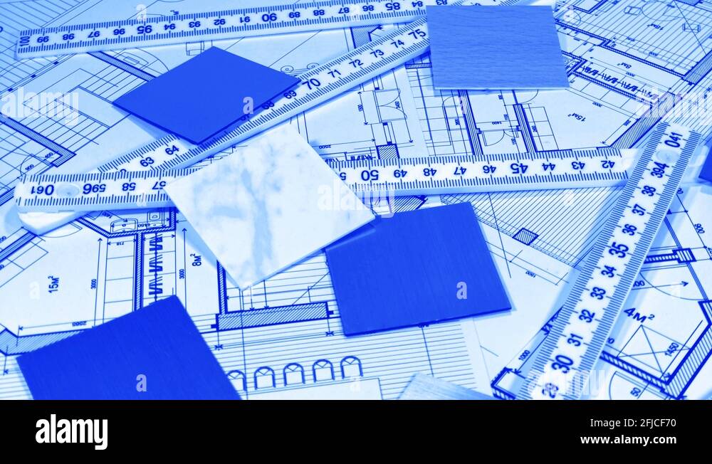 Blueprints architectural drawings, yardstick folding ruler & samples