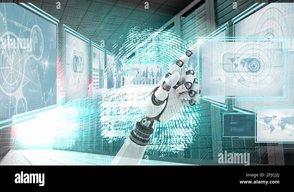 Robot hand interacting with technology interface and code security and ...