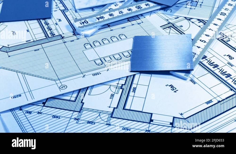 Blueprints architectural drawings, yardstick folding ruler & samples