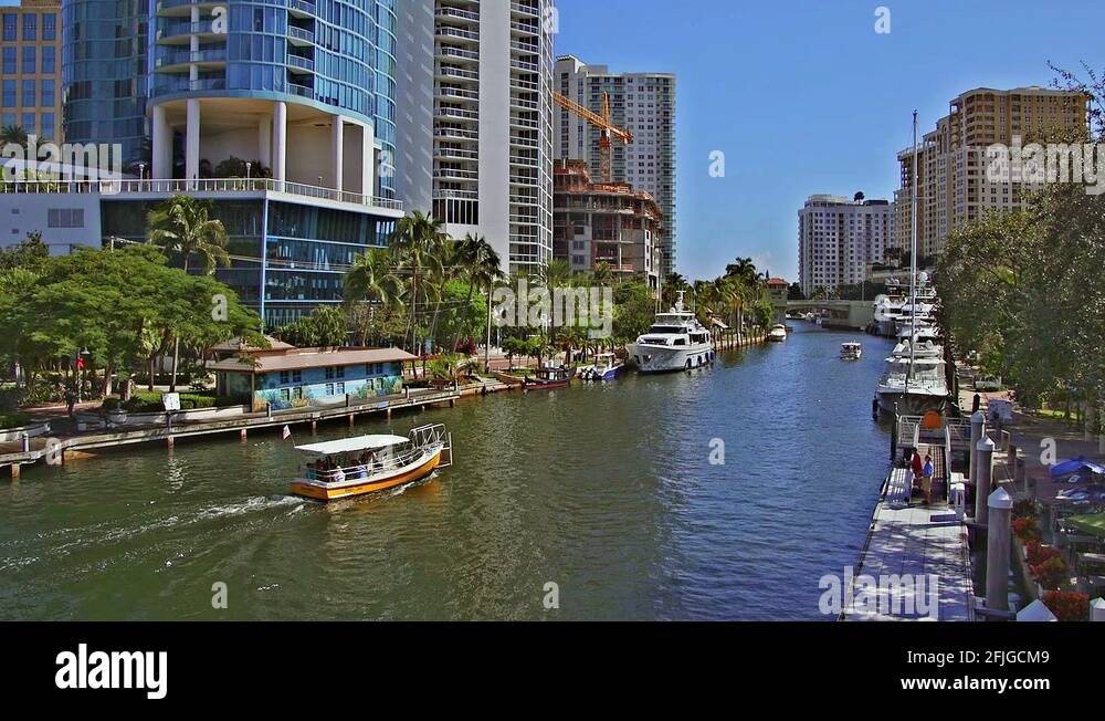 A Water Taxi on the New River in downtown Fort Lauderdale, Florida, as