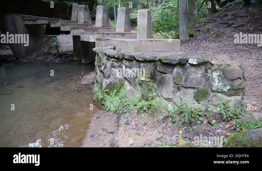 Floating Concrete Bridge over a Creek in the Forest Stock Video Footage