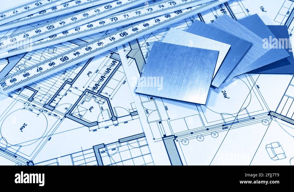 Blueprints architectural drawings, yardstick folding ruler & samples
