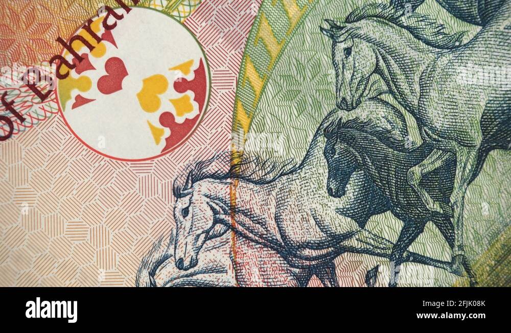 Arabian Horses on Bahrain one dinar banknote rotating, Bahraini money