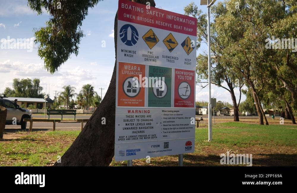 new Boat safety sign at lake mulwala boat ramp on a sunny day with a