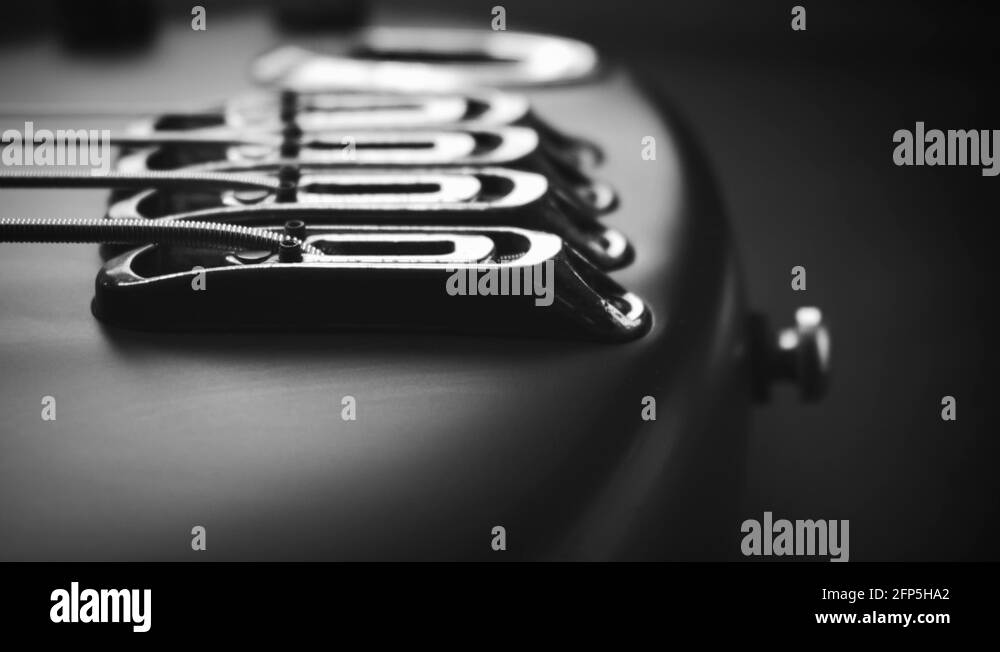 Piezo bridge, output and knobs of fretless electric bass guitar, black