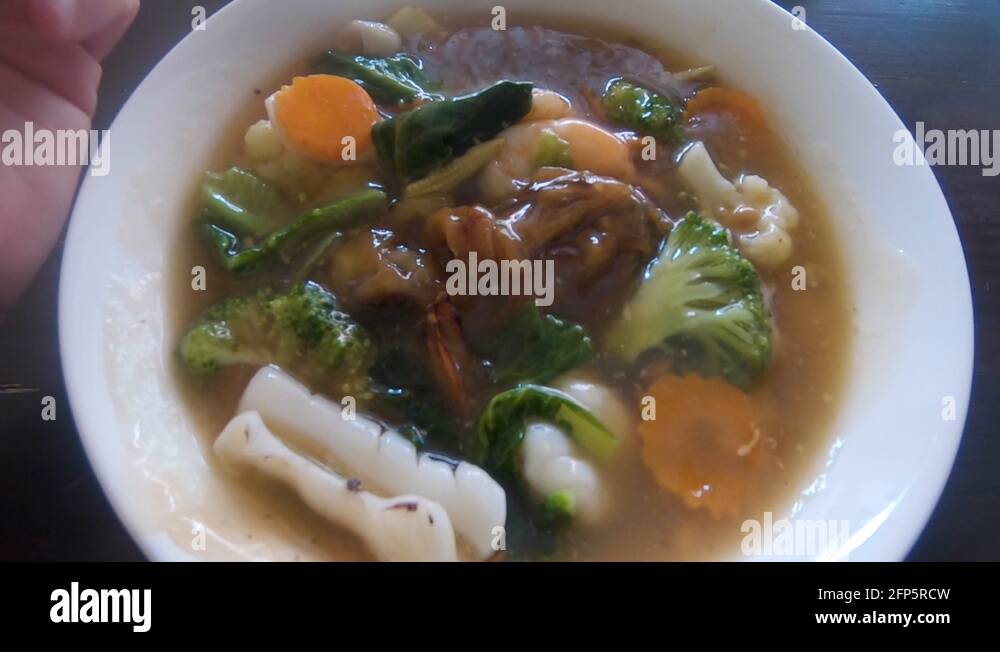 Overhead Shot. Traditional Thai Street Food Lard Na With Seafood Being