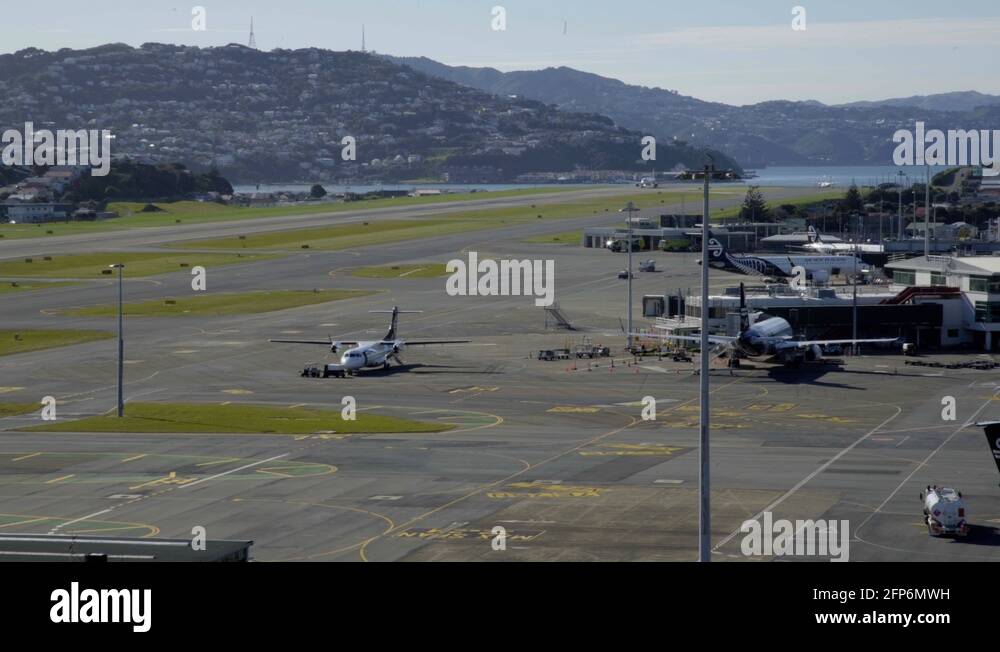 An Air NZ Airbus A320 airplane taking off from Wellington airport in NZ