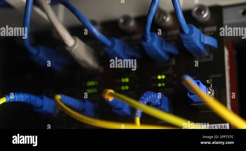 Switch And Optic Cable Connected To Network Panel With Blinking Leds