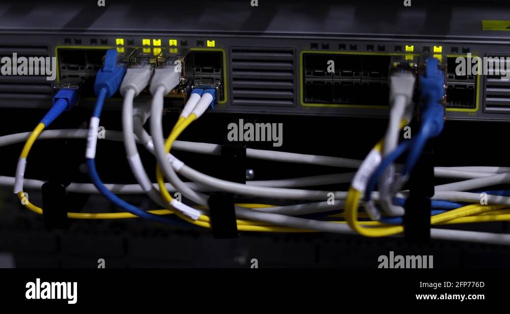 Switch And Optic Cable Connected To Network Panel With Blinking Leds