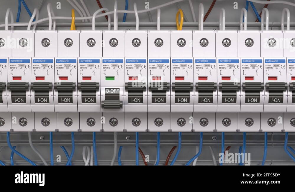 Row of electrical circuit breakers in fuse box. Electricity power
