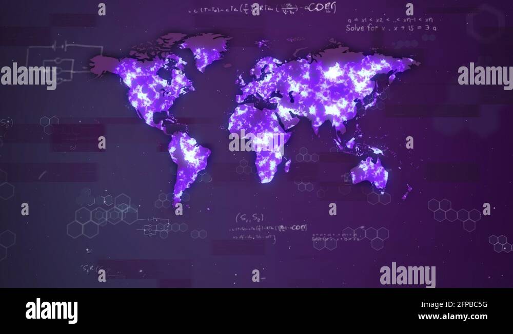Animation of the world map over formulas in a purple background Stock ...