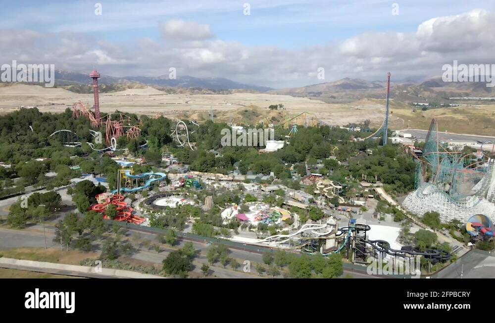 Six Flags Magic Mountain theme park in Valencia, Santa Clarita, aerial