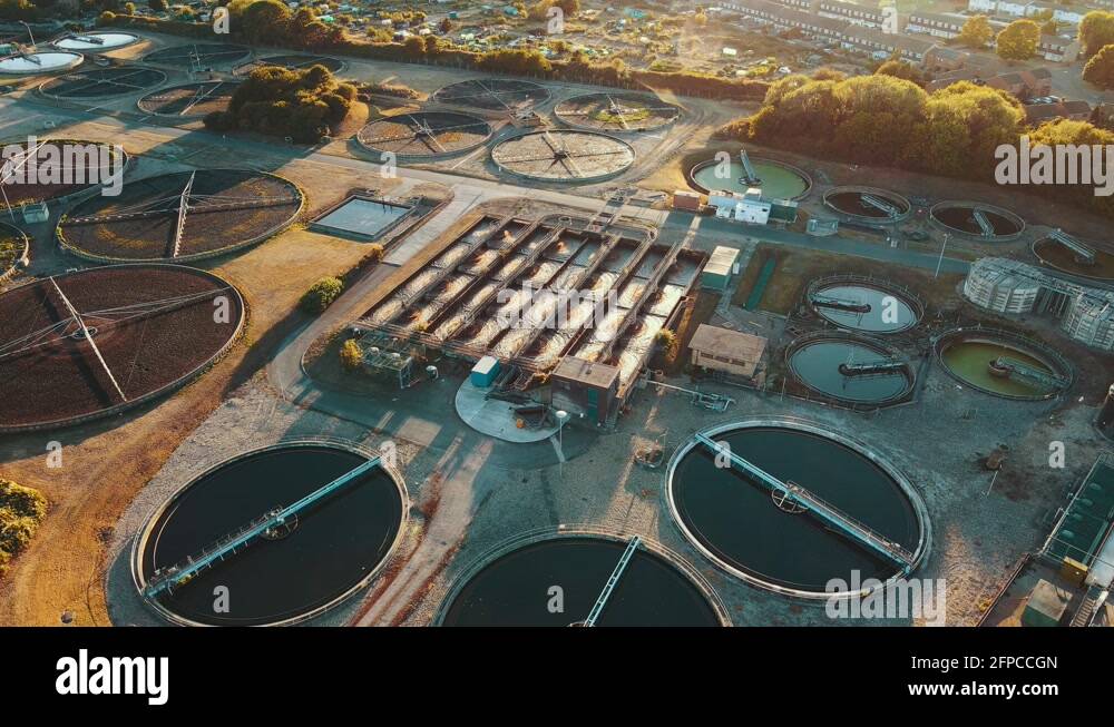 Wide aerial of water purification circle, clean drinking water