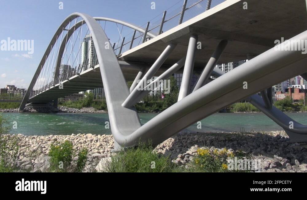 Low angle of iconic George King suspension bridge, Bow River, Calgary ...