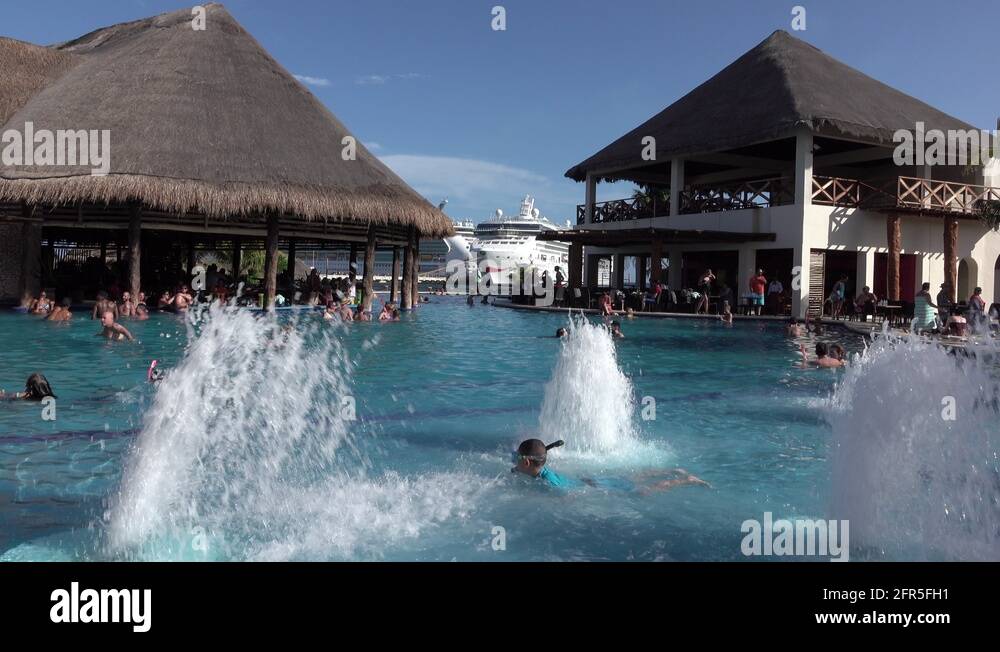 Costa Maya Mexico marina swimming pool bar cruise ships 4K Stock Video
