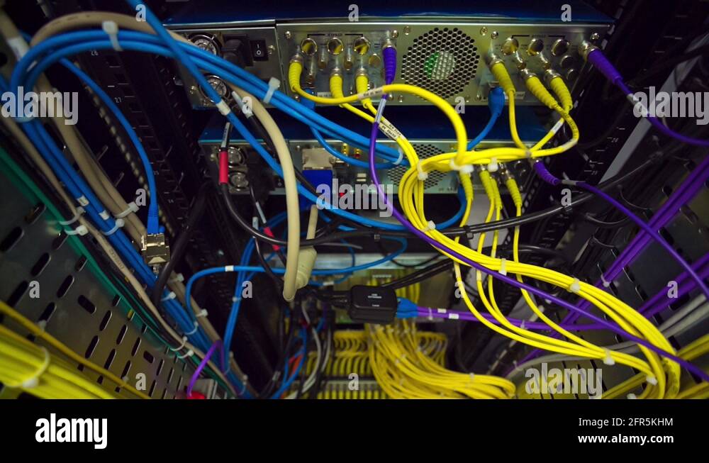 Back Side Of Modern Working Data Center Servers With Yellow Cable ...
