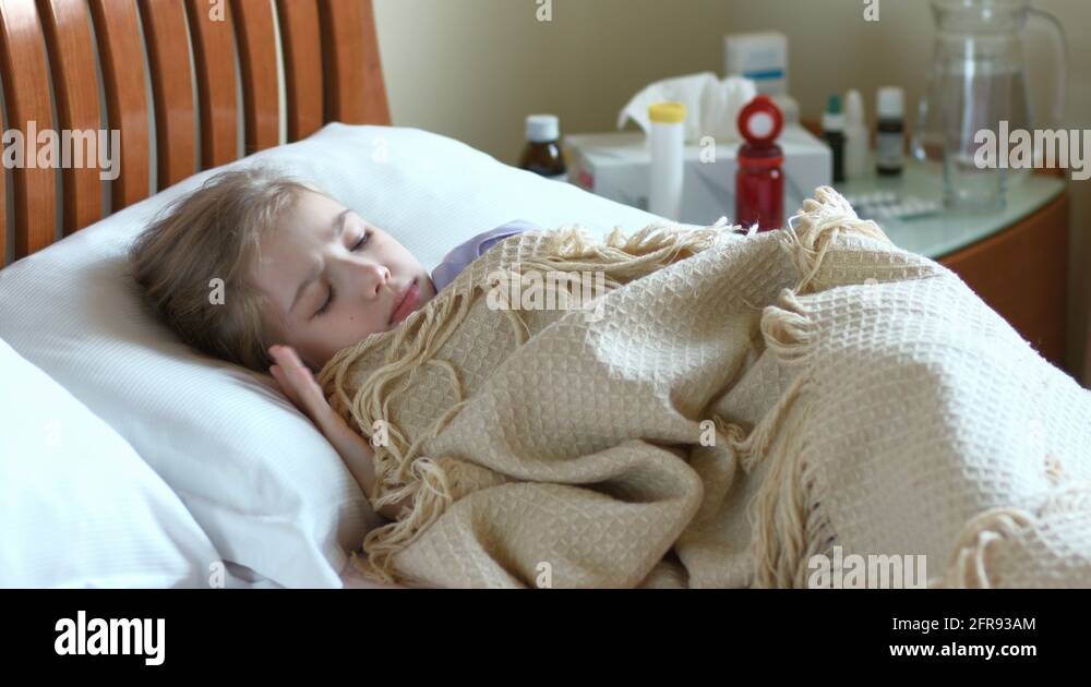 Coughing Girl Lying On A Bed Under The Blanket Portrait Sick Girl 7