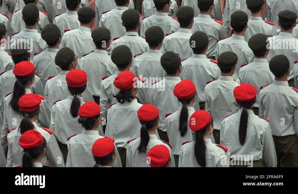 China military parade, red green berets, uniform, university students